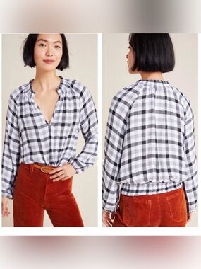 Anthropologie Cloth & Stone Black & White Plaid Peasant Blouse size Medium